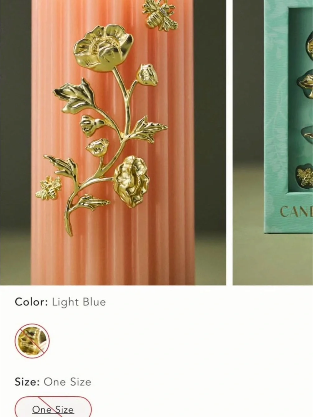 Anthropologie Cream Fluted Pillar Candles with Gold Floral Charms